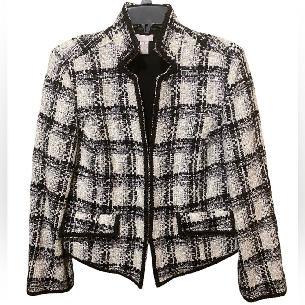 Chico’s Samuela Tweed  Bouche Blazer Jacket Black White Plaid Classic Old Money - Picture 3 of 15